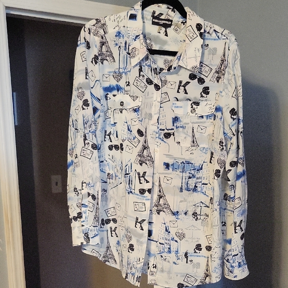 Karl Lagerfeld Blue and White Graphic Button-Up Shirt
